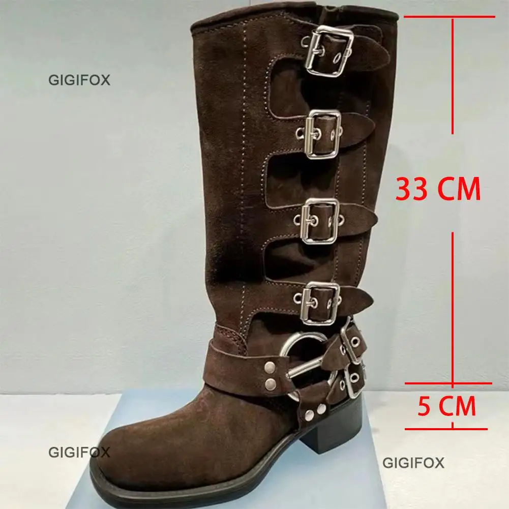 GIGIFOX Platform Biker Boots For Women Chunky Heel Buckle Vintage Fashion Motorcycle Knee High Mid Calf Boots Shoes Leather