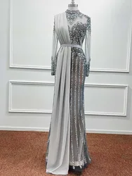 Luxury Dubai Gray Evening Dress 2024 Arabic Exquisite Sequined Crystal Beaded Illusion Formal Party Prom Gown Robe De Soiree