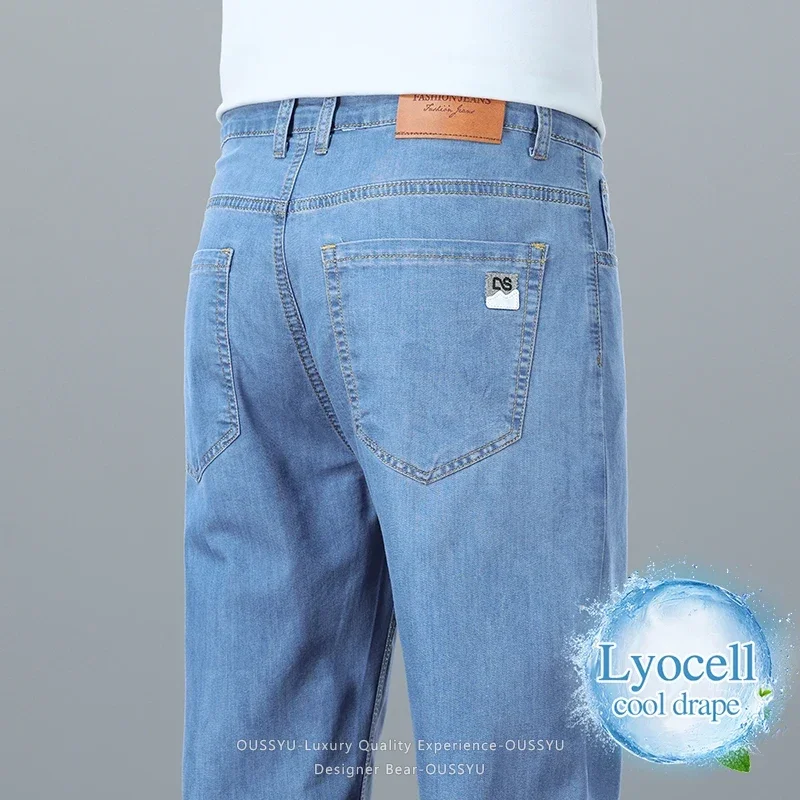 Brand Clothing Summer Lyocell Ultra-thin Men's Jeans Business Straight Denim Pants Cool Ice Silk Casual Trousers Man Plus Size