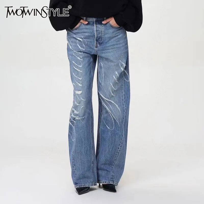 

TWOTWINSTYLE Patchwork Button Loose Denim Pants For Women High Waist Spliced Pocket Casual Casual Wide Leg Jeans Female Style