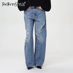 TWOTWINSTYLE Patchwork Button Loose Denim Pants For Women High Waist Spliced Pocket Casual Casual Wide Leg Jeans Female Style