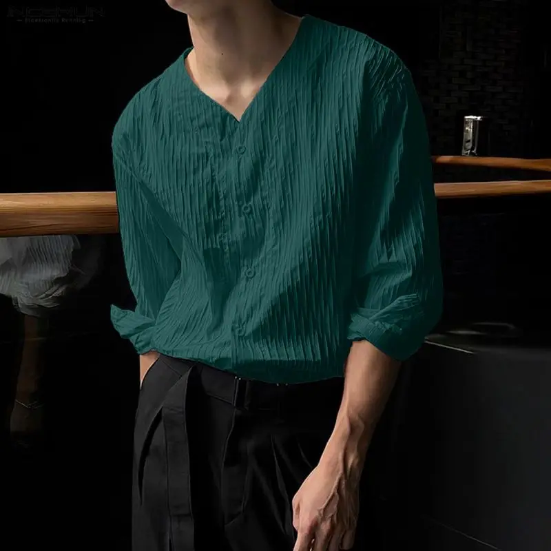 INCERUN الرجال قميص بلون الخامس الرقبة طويلة الأكمام زر ملابس الرجال غير رسمية فضفاضة الشارع الشهير موضة الترفيه القمم الذكور القمصان #3