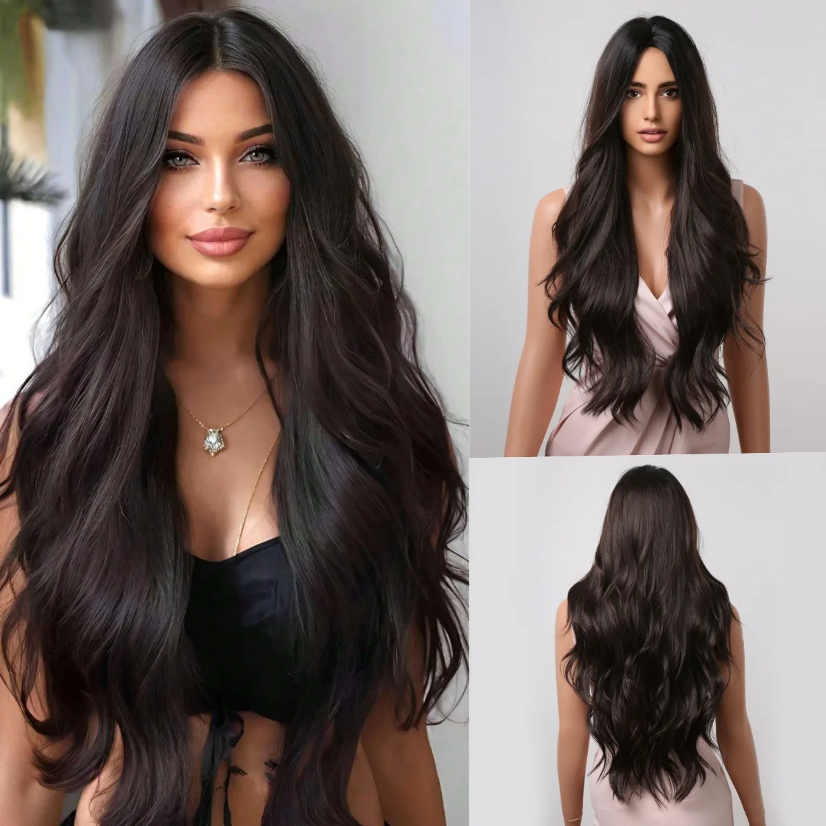 

Black wig female, natural full head cover female big wave long curly hair fashion wig cover