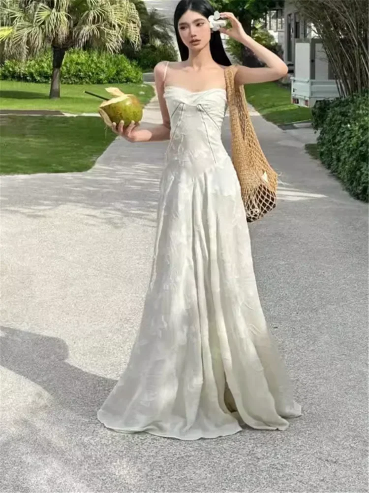 عطلة نمط الجنية الأبيض الوردي الأشرطة المطرزة فستان طويل الفرنسية الجديدة الصيف الجوف شاطئ شاطئ البحر منتجع ألف خط فستان الصور