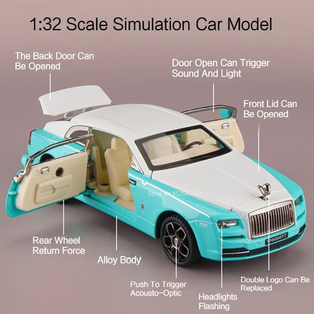 1:32 Scale Rolls Royce Wraith Model Car Toy Diecast Metal Sound Light Doors Opened Luxury Vehicle Models Collection Gifts Boy