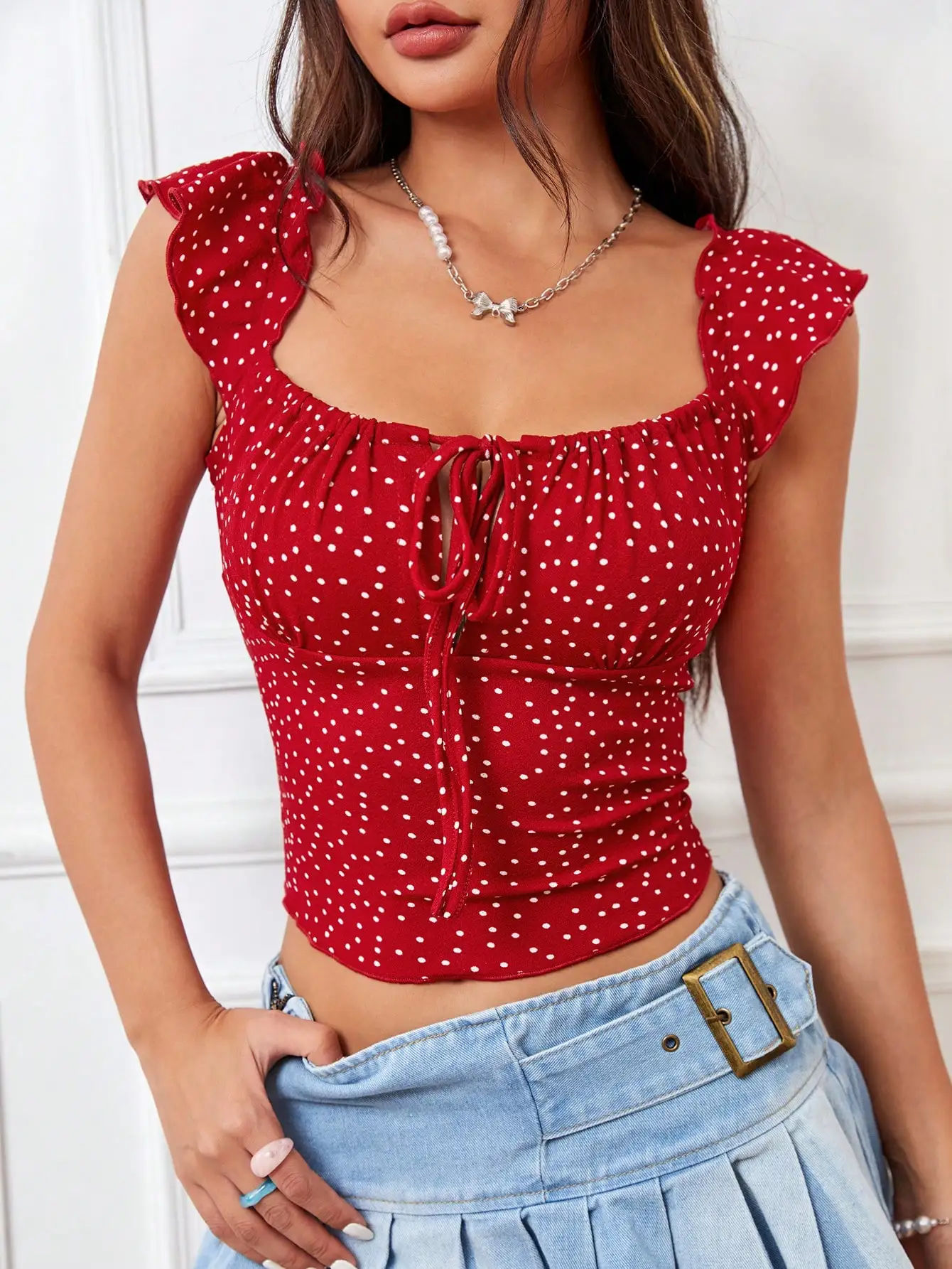 Polka Dot Front Tie Women's T-Shirt,Valentine Outfits,Valentine Outfits