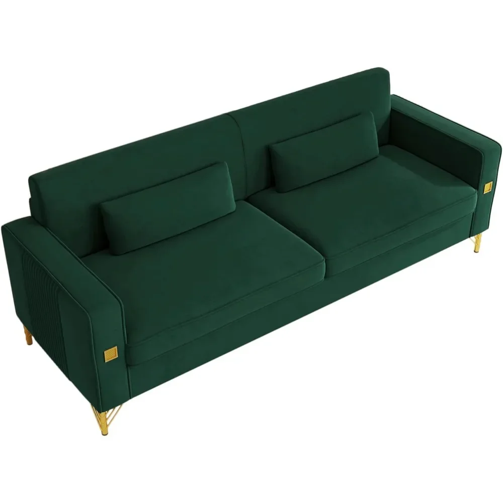 New 85 Inch Velvet Sofa, Mid-Century Modern 3-Seat Couch W/Armrest, Green Velvet Couch with 2 Pillows