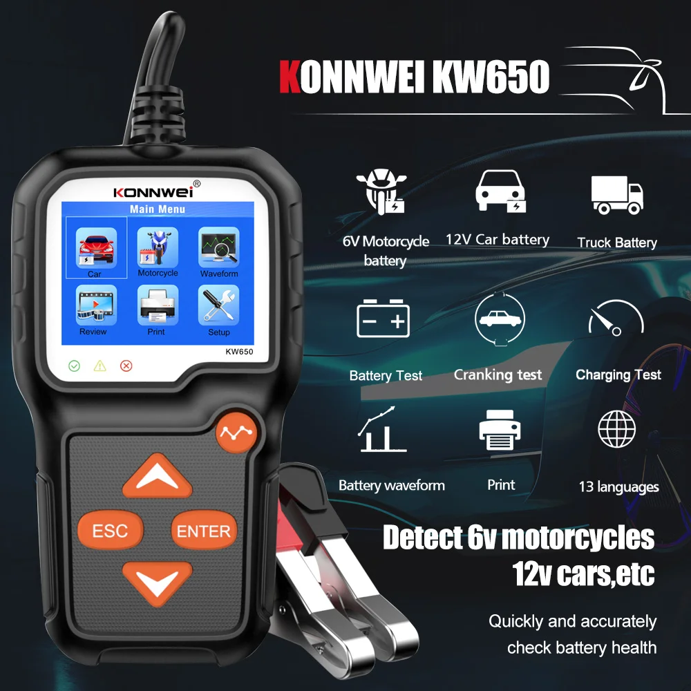 

KONNWEI KW650 Car Motorcycle Battery Tester 6V 12V Auto Battery Analyzer 100 to 2000 CCA Car Moto Cranking Charging Test Tools