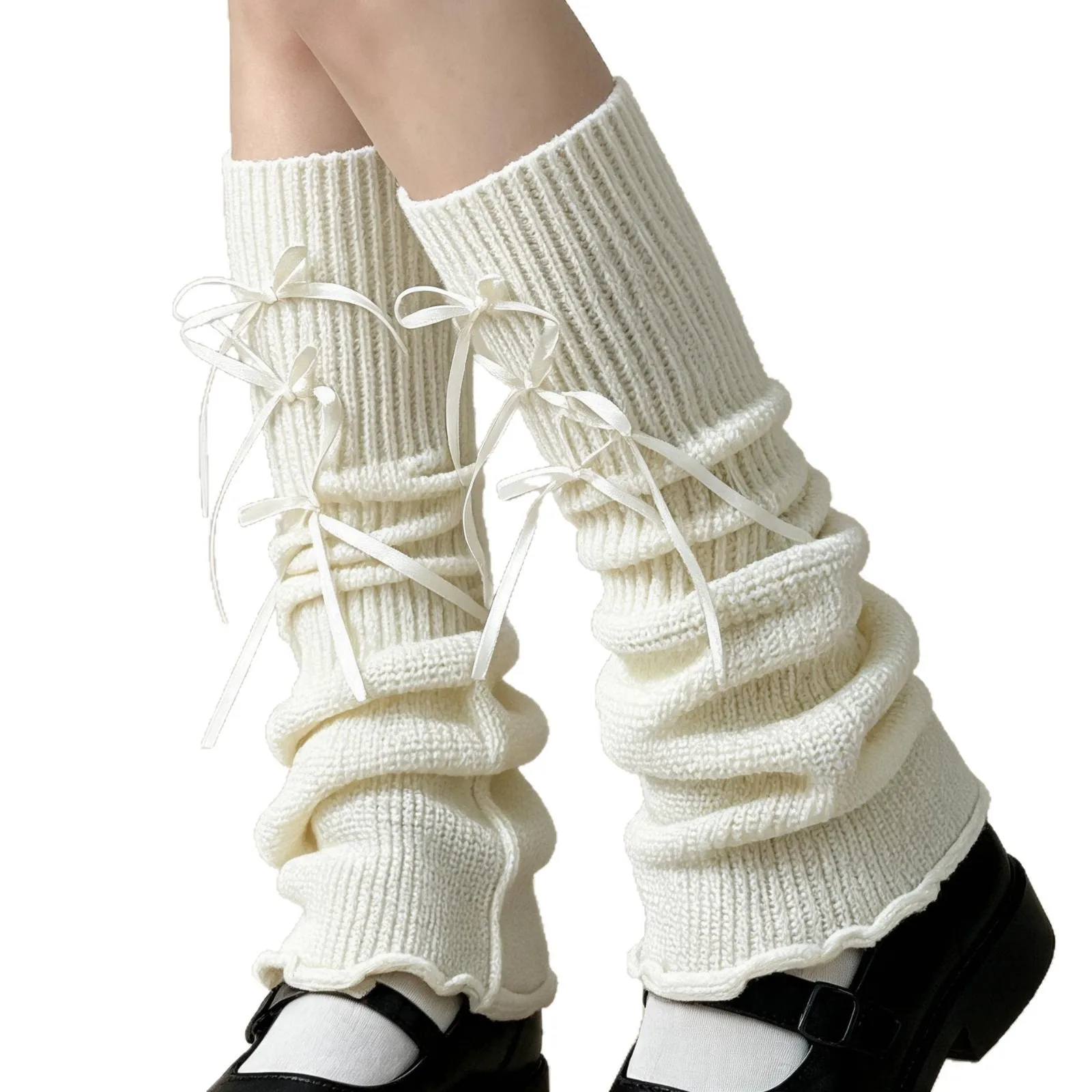 Women Knit Slouchy Leg Warmers with Bow Tie Ruffles, Balletcore Flared Lolita JK Leg Covers, Bow Straps Socks for Girls