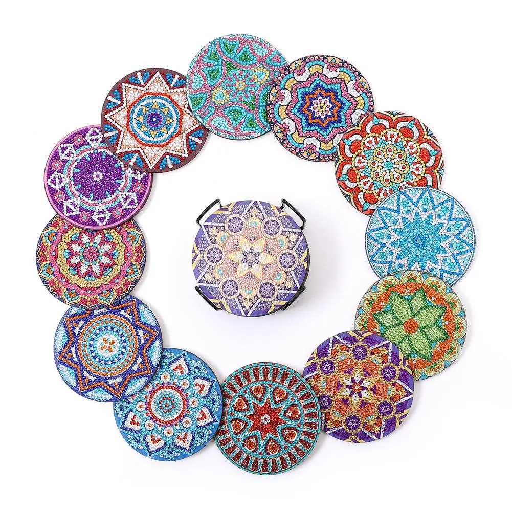 12pcs Diamond Art Coasters With Holder Diy Mandala Pattern Drink Cup Cushion Strong Adhesion Diamond Painting Kits For Crafts