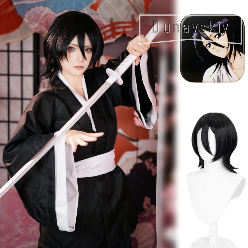 ​​Rukia Kuchiki​​ ルキア blechrukia Badge Wigs Cosplay Black Kimono Top & Wide Leg Hakama Pants Japanese Samurai Style Halloween
