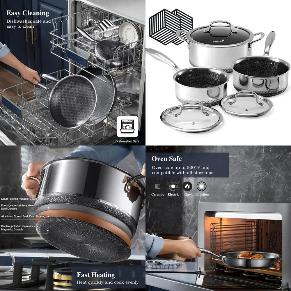 

6-Piece Nonstick Cookware Set: Silicone Trivets, 1.5 Qt Saucepan, 2 & 5.2 Qt Pots with Glass Lids, Cool Handles, Dishwasher Safe