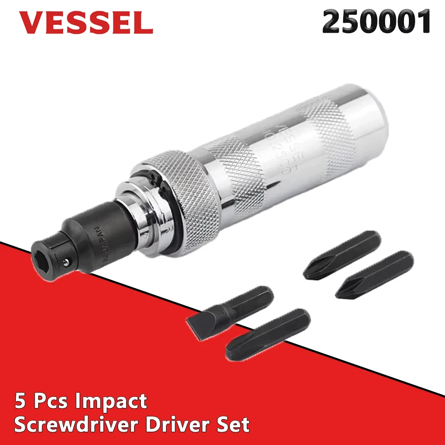 VESSEL 250001 5 PCS Impact Screwdriver Set Screwdriver + 4 Pcs Long Shank Bits Portable Reversible Impact Driver Hand Tools