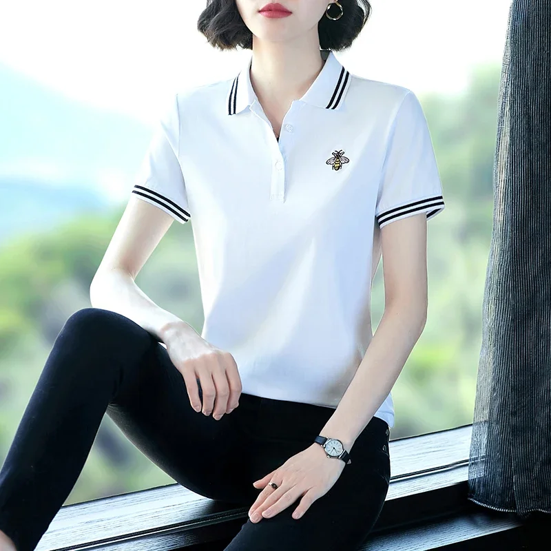 Good Quality Summer Women's Short Sleeve Polo Shirts Casual Ladies Lapel Tees Fashion Female Embroidery Bee Logo Women Tops