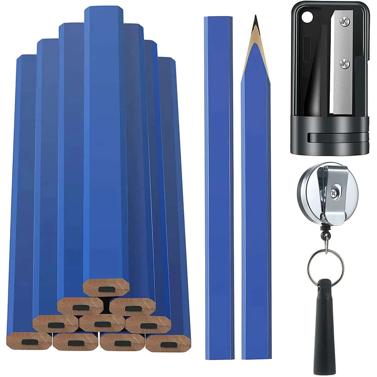 New 12Pcs Carpenter Pencils Tools Set Sharpener and Retractable Woodworking Tool