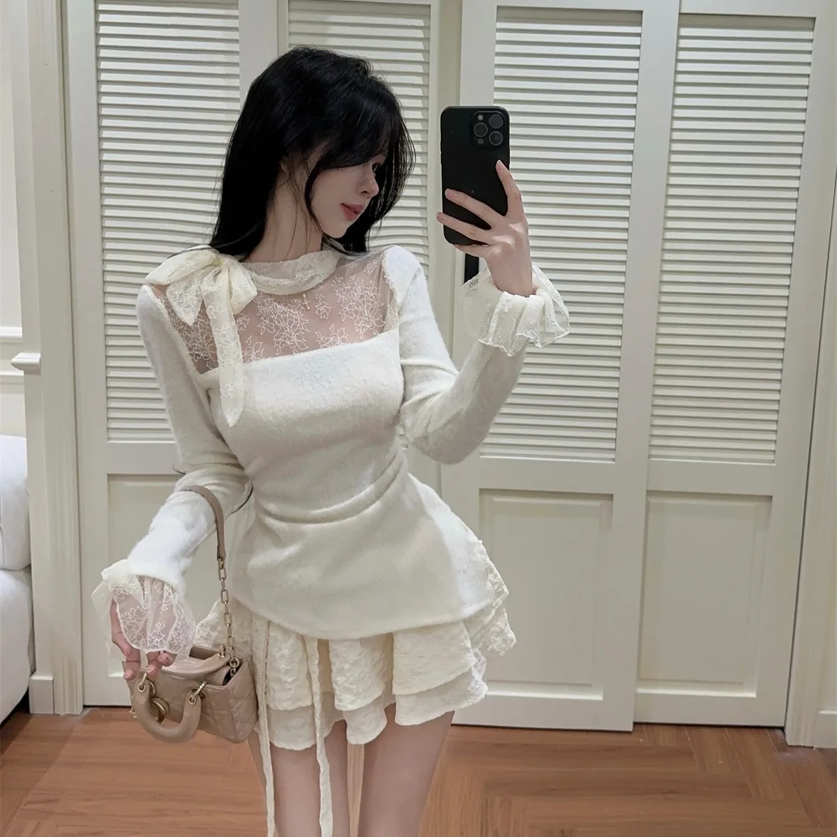   Knoten Spitze Spleißen Gestrickte Glocke Sve Top ort Rock Set frauen Faion Herbst Winter Neue Ankunft Süße Sle