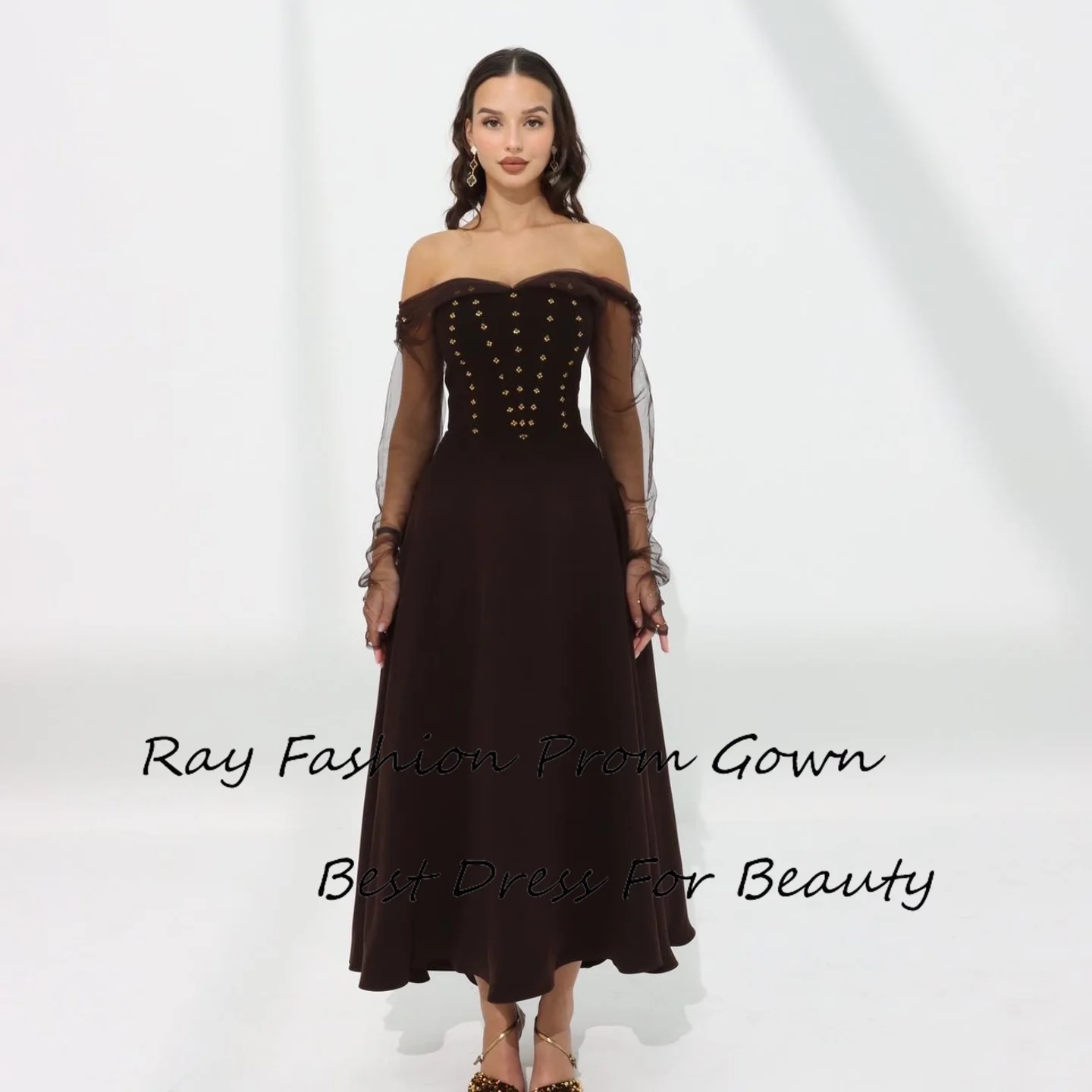 

Charming A Line Evening Dress Boat Neck With Beading Long Sleeves Tea Length Formal Prom Gowns Fashion Vestidos De Noche