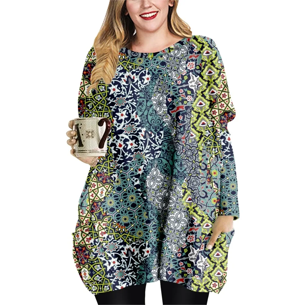 NEW Pattern Stitching Print Spring Autumn Loose Casual Style Ladies T-shirt Double Pocket Dress Round Neck Long Sleeve Dress-