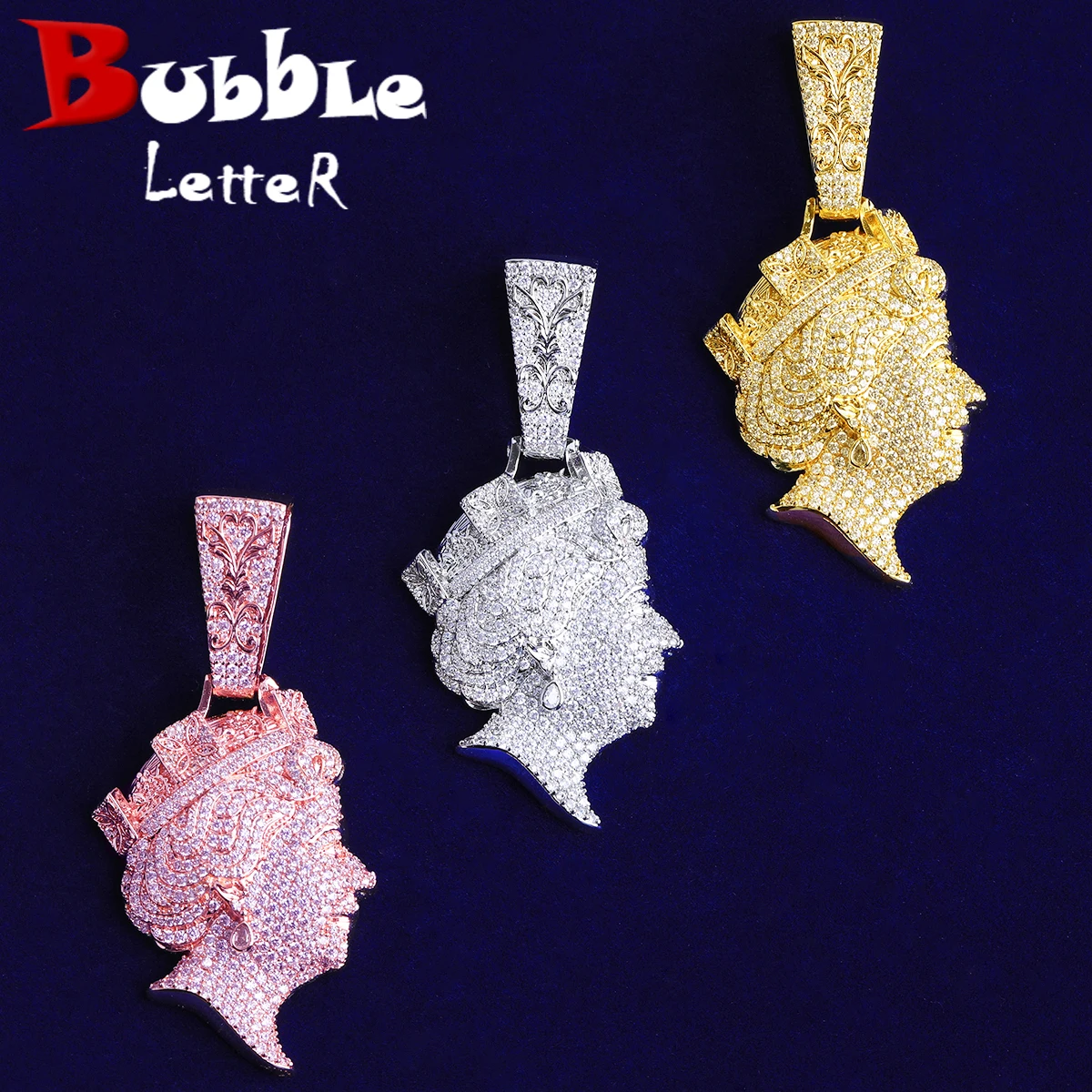 Bubble Letter Iced Out Queen Head Necklace Pendant  for Men Real Gold Plated 5A Cubic Zirconia Hip Hop Jewelry