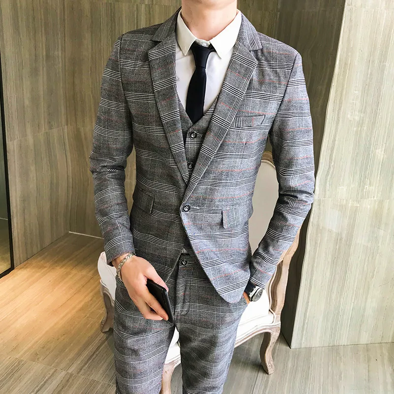 

2023 Fashion New Men's Casual Slim Plaid Suit Coat Three Piece Set / Men's Business Boutique Wedding Blazers Jacket Pants Vest