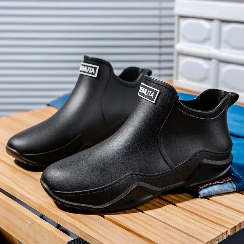 Men Black High Top Ankle Boots for Rain Casual Flat Rainboots for Men Fashion Rubber Rain Boots Waterproof Shoes Size 36-44