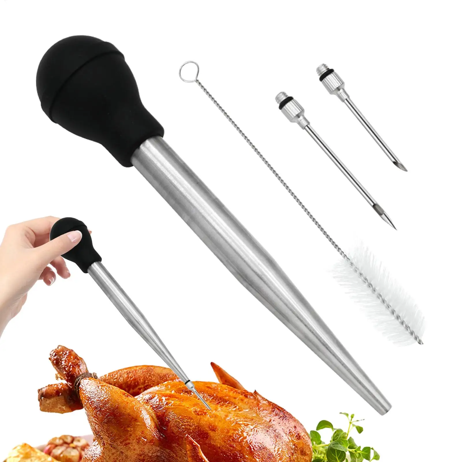 BBQ Meat Syringe Marinade Injector Turkey Chicken Syringe with Stainless Steel Needles Brush Sauce Injection Kitchen Tools
