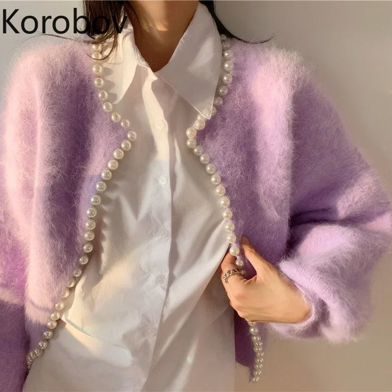 Korobov Autumn Winter New Sweet Pearls Sweaters Korean Knit O Neck Long Sleeve Cardigans Vintage Elegant Women Cardigan