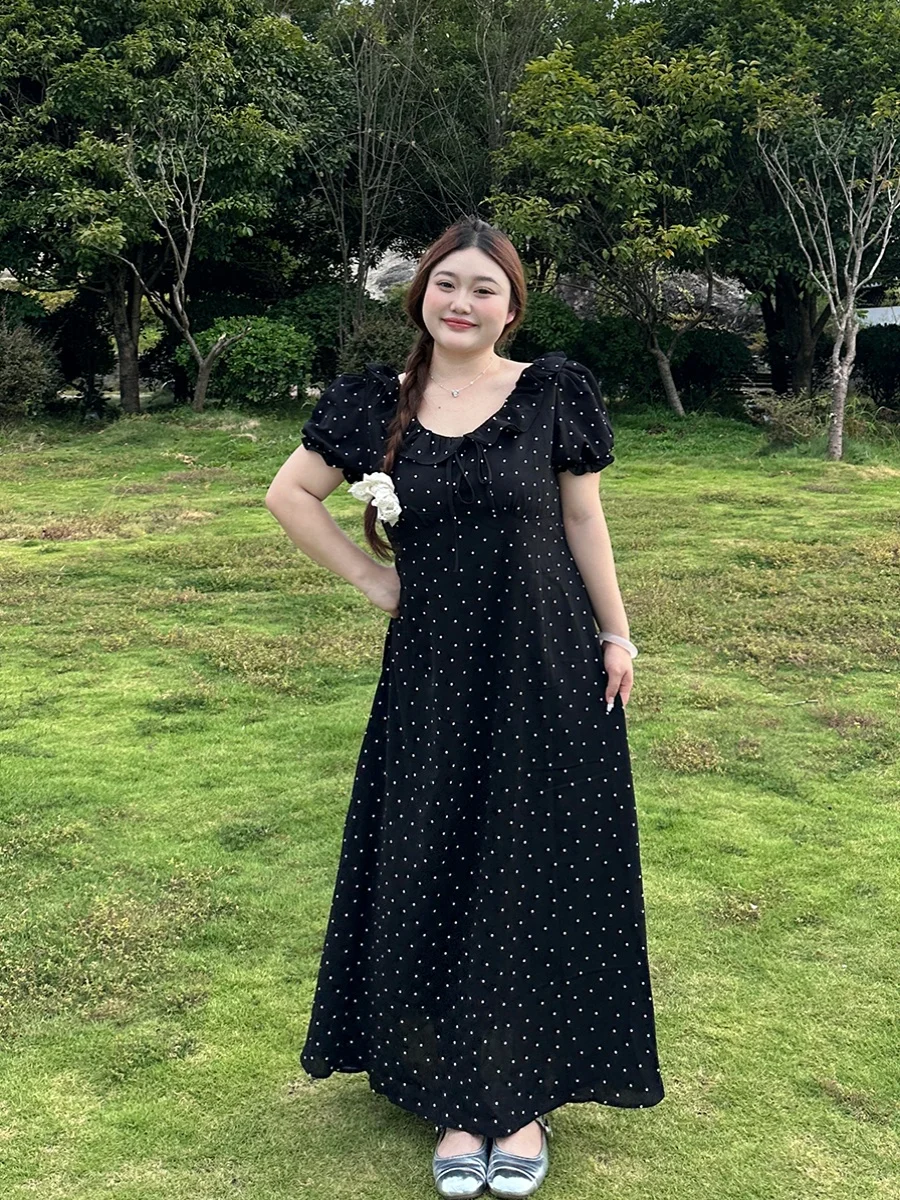 

plus Size Polka Dot Dress Slimming Waist V Neck Short Sleeve Long Skirt a Line Korean Style Commute Wind High Waist Bubble Sl...
