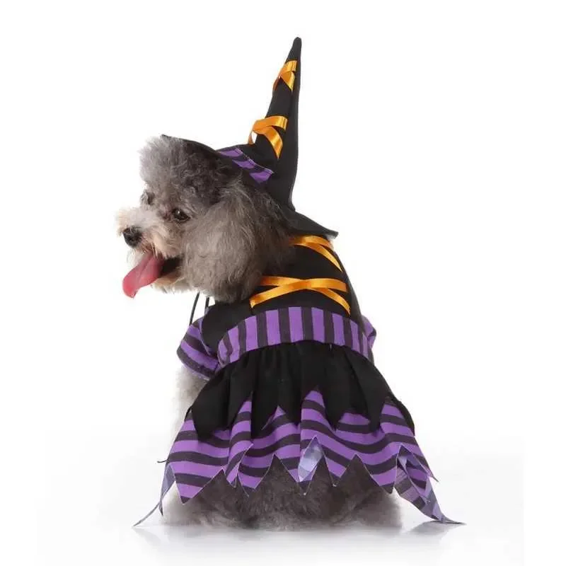 

2pcs Pet Halloween Cosplay Costume Funny Striped Wizard Outfits Clothes Set 2-legged Coat Dress And Hat For Dogs Z241015