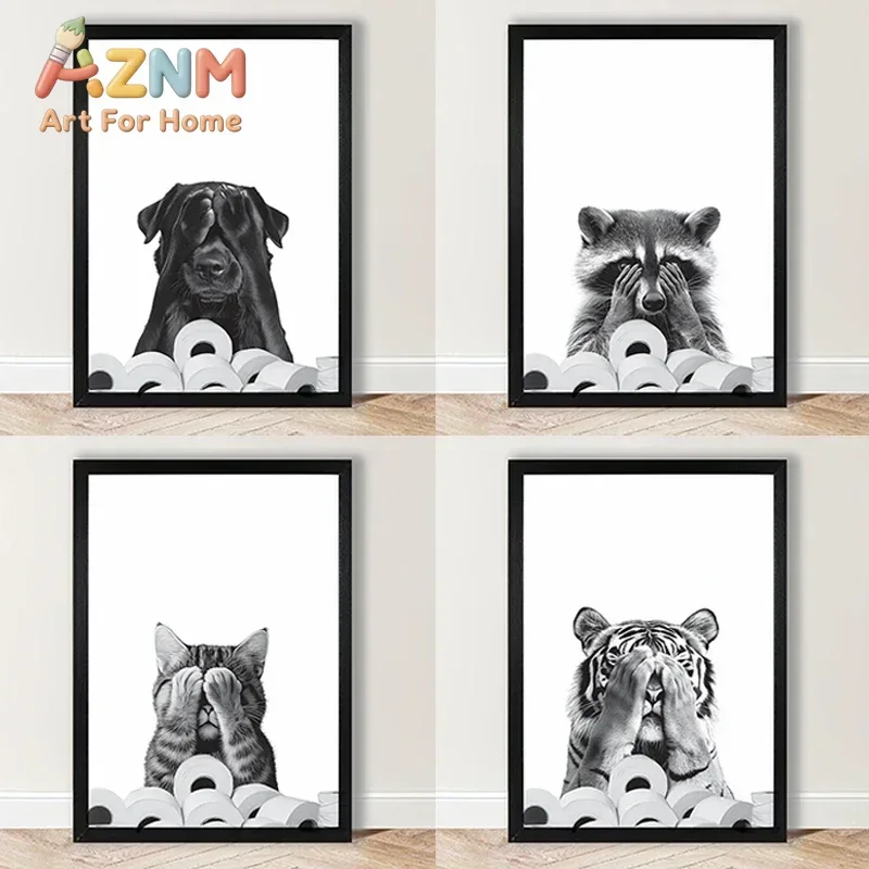 Multiple sizes 1pc frameless Large size Canvas Painting,Funny Bathroom Cat Dog Racoon Tiger Peek-a-Boo Paper Rolls Posters Canva