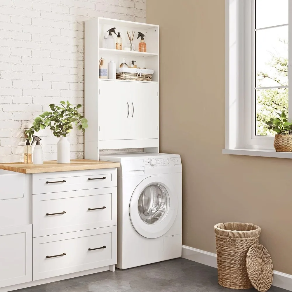 

Over The Toilet Storage, Taller Bathroom Organizer Space-Saving Storage Cabinet with Adjustable Shelves and Double Doors