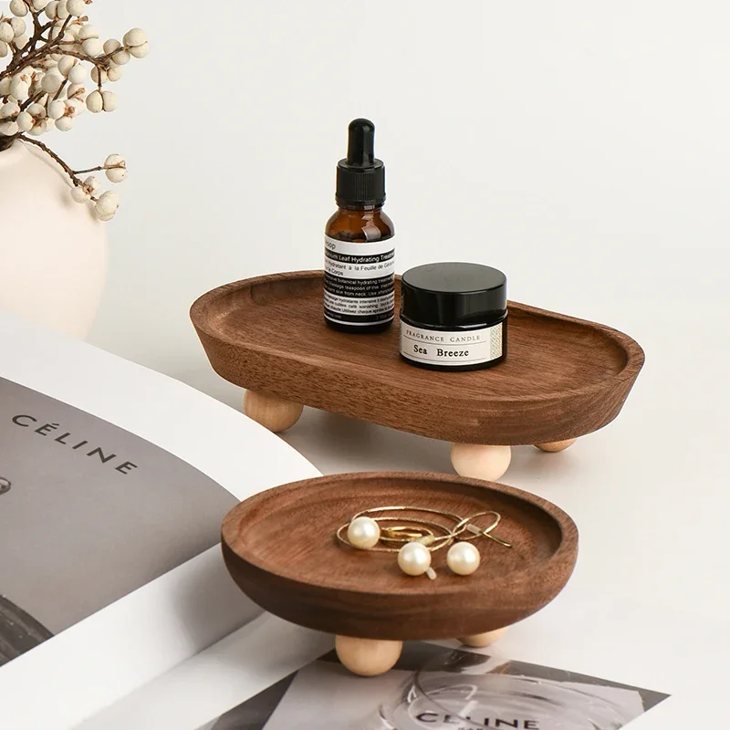 Vintage Acacia Wooden High Foot Plate Jewelry Storage Tray Aromatherapy Trays Decoration Ornament for Entrance Key Plate