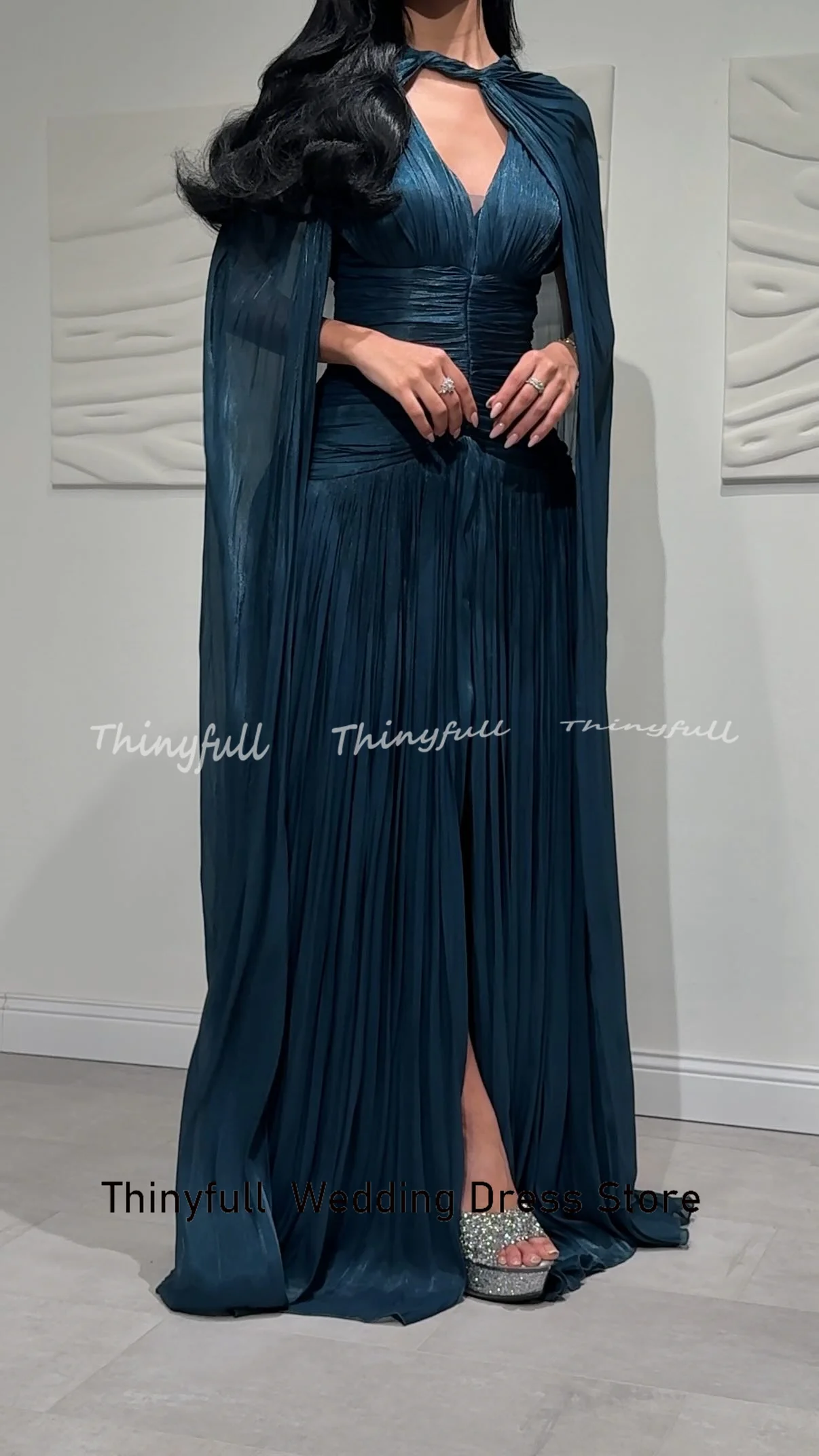 Thinyfull A-line Arab Prom Dresses Sleeveless V-neck Evening Party Gown with Shawl Dubai Split Dress Robes De Soirée Customized image 5