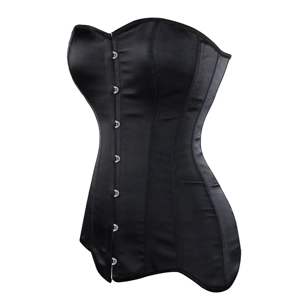 Women Long Steampunk Overbust Corset Top Steel Boned Black Satin Long Torso Gothic Waist Trainer Bustier Top Corselet