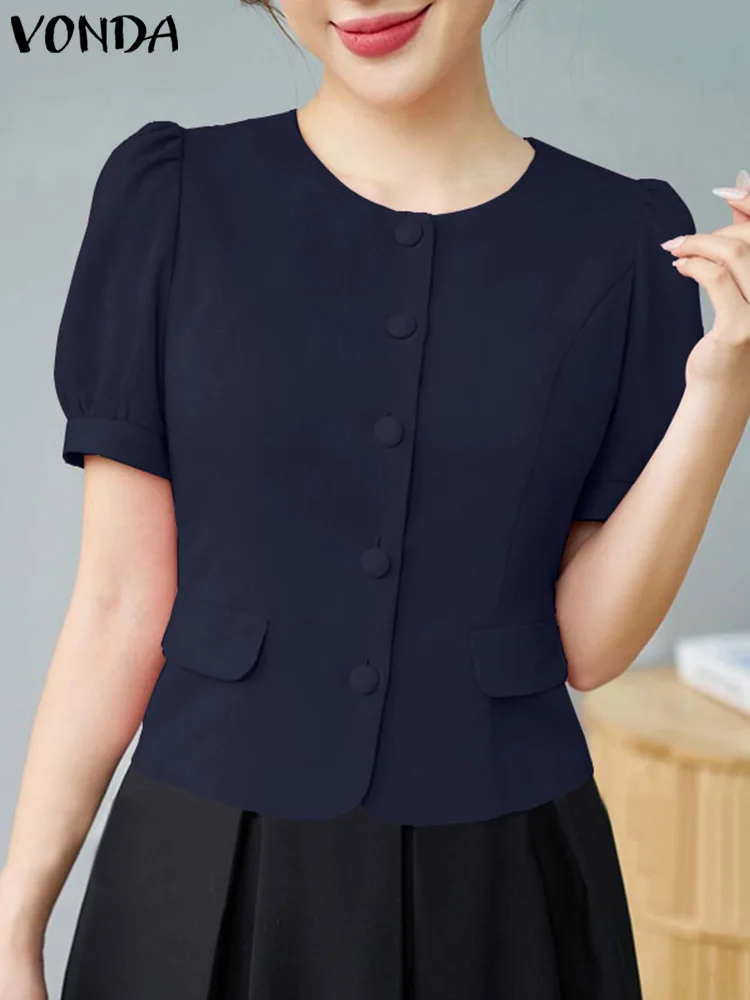 

VONDA Summer Tops Women Elegant Blouses Shirts 2024 Short Sleeve Fashion Casual Loose Solid Color Tunic Office Blusas Femininas