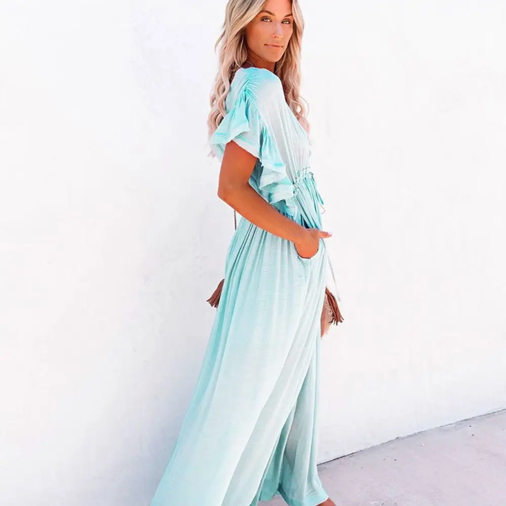 Fashion V Neck Summer Sunscreen Smock Long Loose Swimsuit Cover Up Dress Bathing Suit Casual Swim Dress for Women