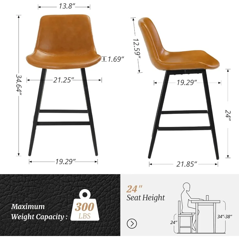 Taburete de mostrador de 24 pulgadas, Barstool de cubo moderno, Juego de 3, taburetes con respaldo y reposapiés, Taburetes de Bar de piel sintética para Cocina