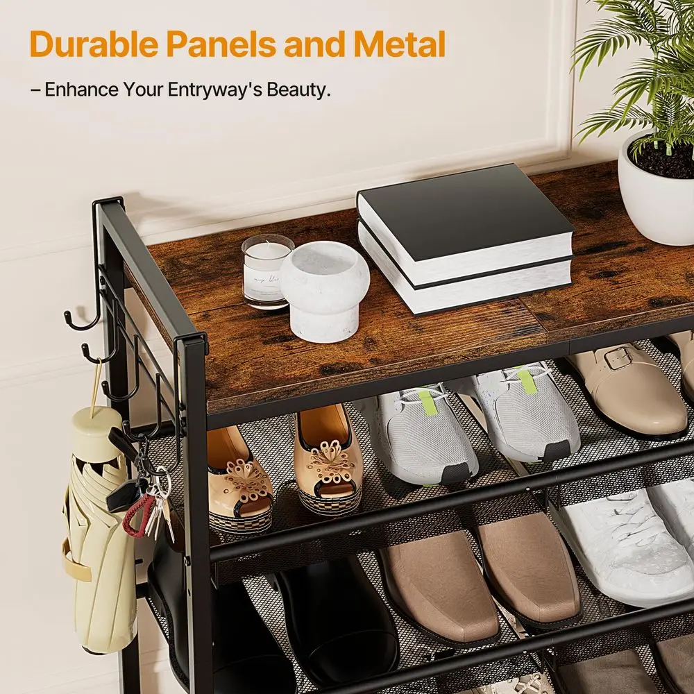 

Многоярусная полка для обуви, полка для обуви у входной двери с крючками, органайзер для обуви с регулируемыми сетчатыми полками, металлическая полка для обуви для прихожей