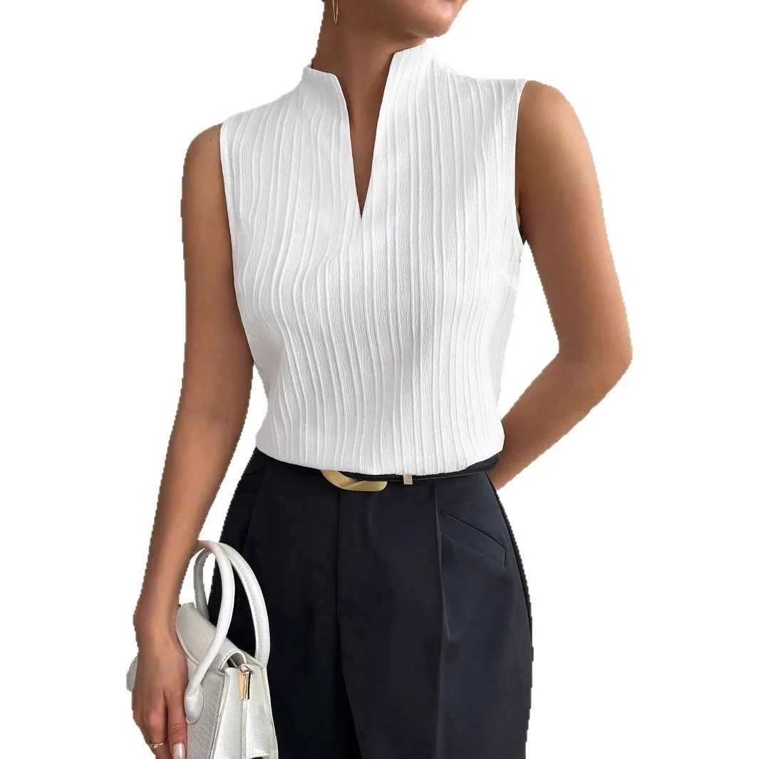 Cross-border 2026  New Women's Top Solid Color V-neck Slim and Thin Sleeveless Texture Short-sleeved Casual T-shirt Cw12036