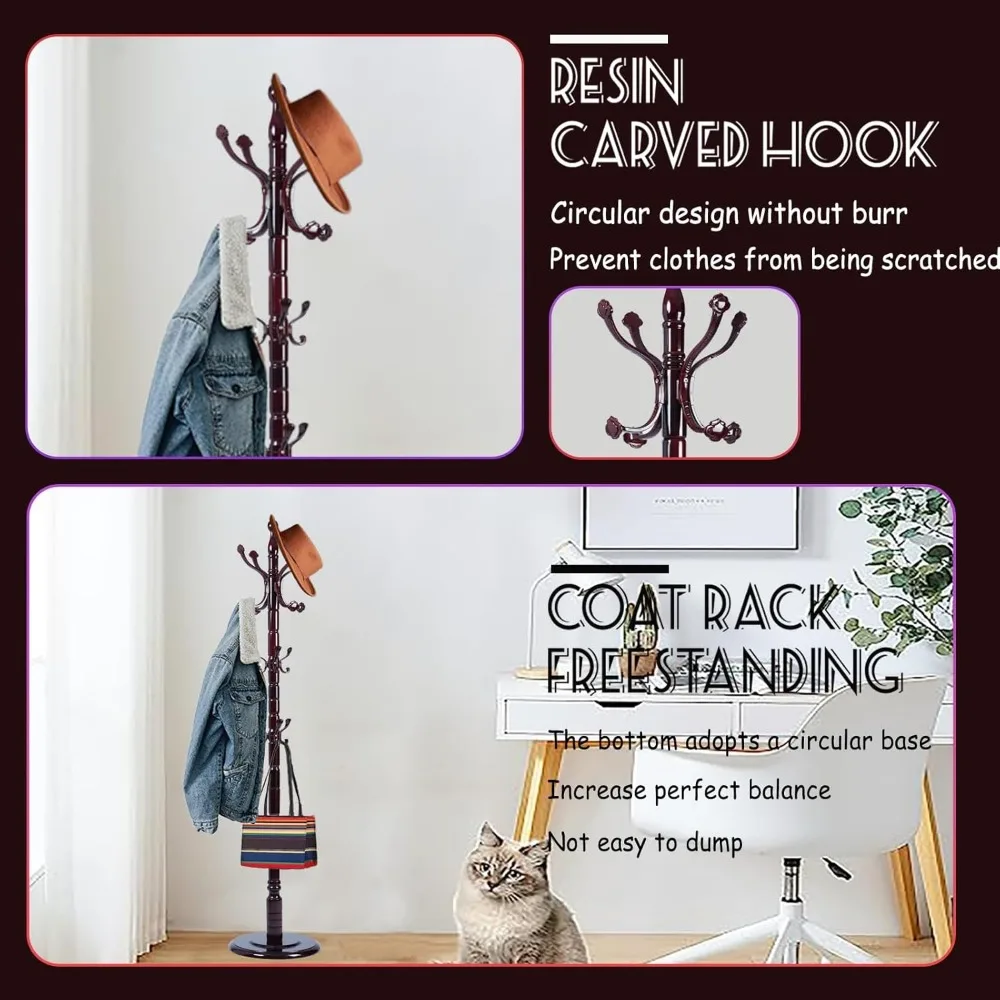 رف معطف شجرة قائم بذاته بارتفاع قابل للتعديل للمنزل وغرفة النوم - قاعدة خشبية مستديرة ثابتة