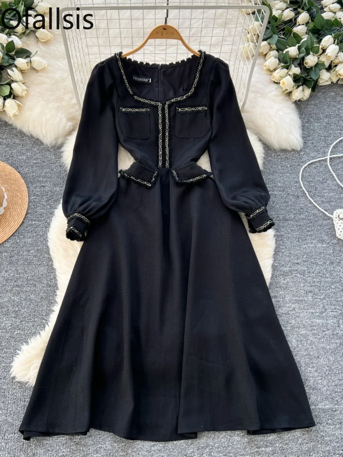 Ofallsis French Retro Hepburn Style Square Neck Black Dress 2024 Autumn Winter New Luxury Slim Waist Temperament Long Dresses