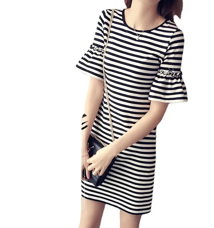 Striped Short-sleeved Dress Women's Clothing Korean Version Slim-fit Flared Sleeve Medium And Long T-shirt Women