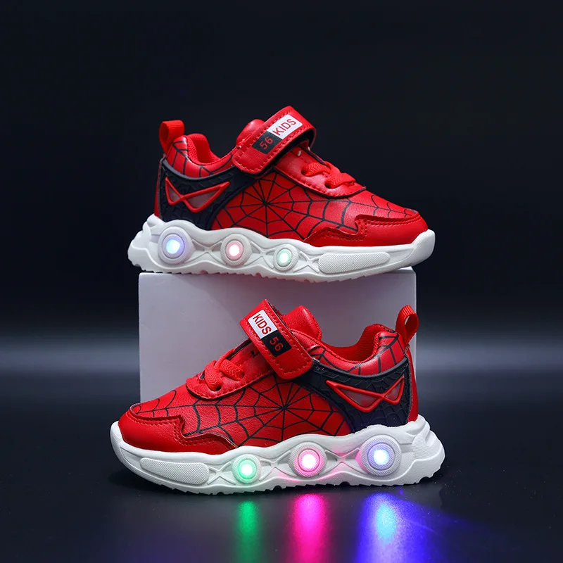 Disney LED Casual Sneakers Red Black For Spring Boys Spiderman Leather Outdoor Shoes Children Lighted Non-slip Shoes Size 21-30