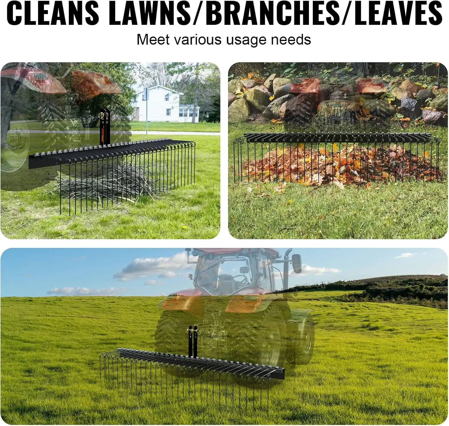 Tow Behind Landscape Rake, 72" Tow Dethatcher with 32 Steel Tines, Lawn Dethatcher Rake Attaches to Category 1