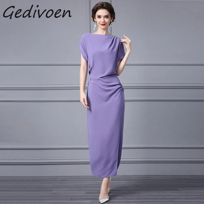 

Gedivoen Summer Fashion Designer Vintage Package Buttock Dress Women's Batwing Sleeves Ruched Party High Waist Slit Long Dress