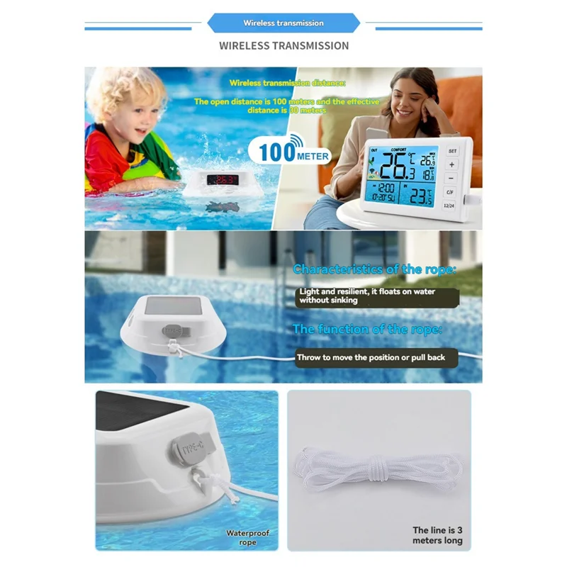 AB42-Solar Pool Thermometer With Wireless Floating Design, LED Digital Readout, And RGB Atmosphere Light