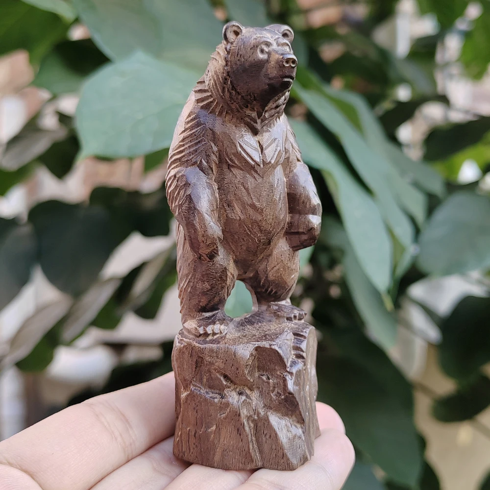 3.9 Inch Hand-Carved Wooden Bear Ornament, Natural Style, Suitable for Creative Desktop Decorations, Indoor Decorations, Fireplace, Living Room, Centerpiece Decoration, Birthday Gifts, Back-To-School Season Gifts