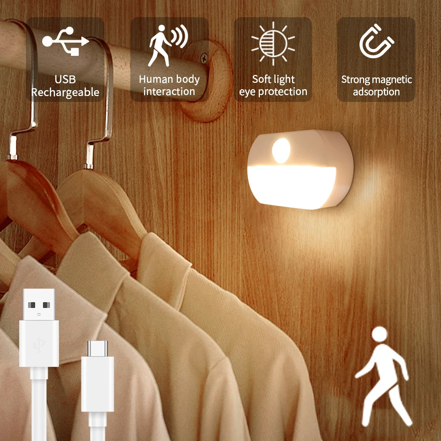 LED Under Cabinet Light Motion Sensor Rechargeable Night Bedroom Lamps Stick-On Wall Stairs Hallway Kitchen Storage Closet Light