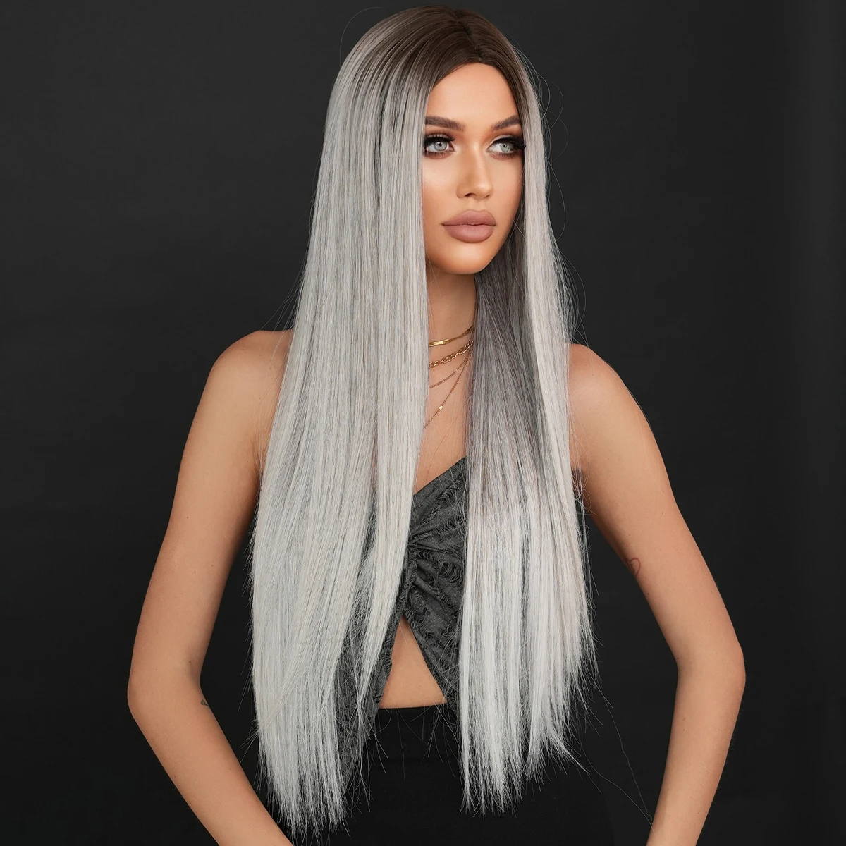 NAMM Synthetic Long Straight Silvery Ash Wigs For Women Daily Party Use Dark Roots High Density Layered Hair Wigs