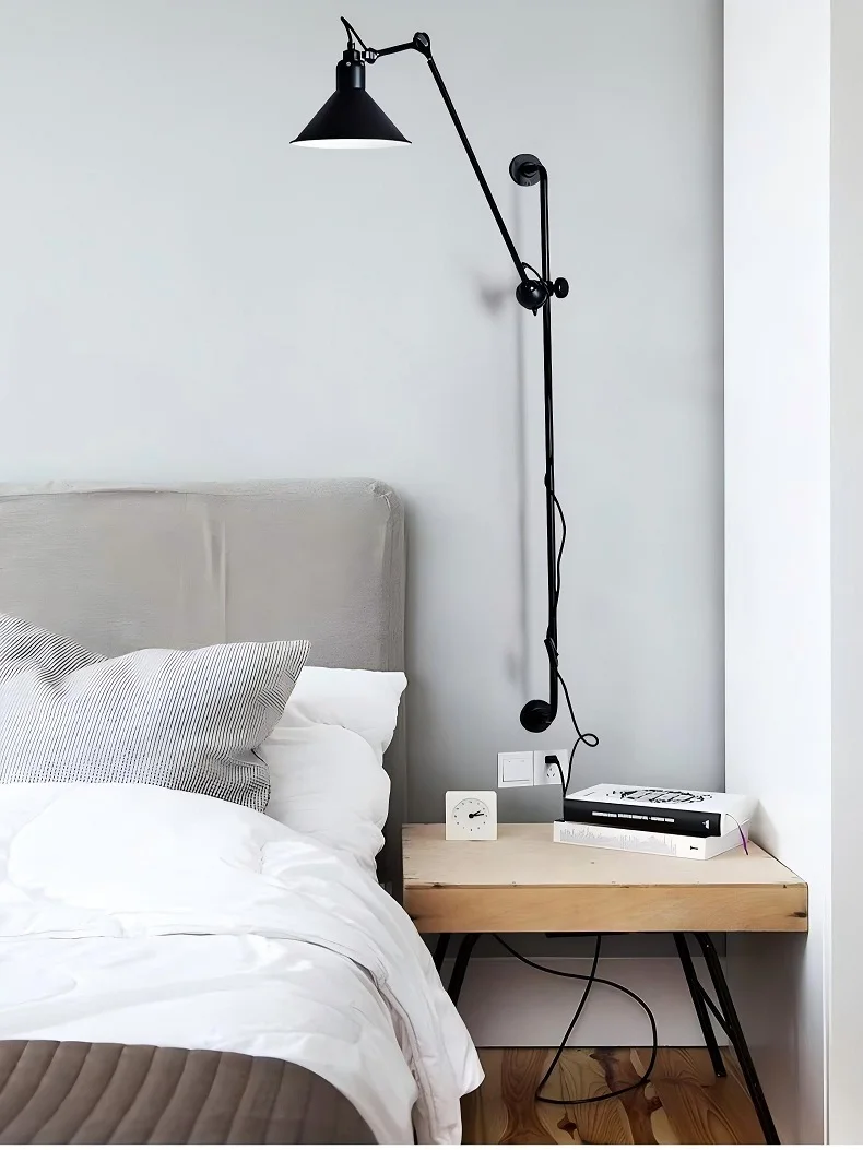 Retro Bedroom Bedside Living Room  Reading Wall Lamp Industrial Wind Retractable Mobile can Lift Long Rod Rocker Arm Wall Lamp